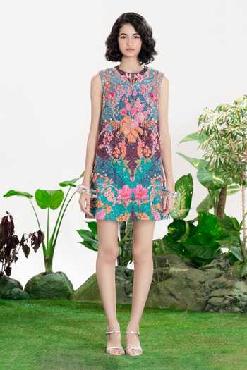 Buy_Siddhartha Bansal_Multi Color Cotton, Crepe Round Neck Midnight In Paris Shift Dress _Online_at_Aza_Fashions
