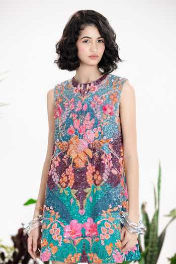 Shop_Siddhartha Bansal_Multi Color Cotton, Crepe Round Neck Midnight In Paris Shift Dress _Online_at_Aza_Fashions