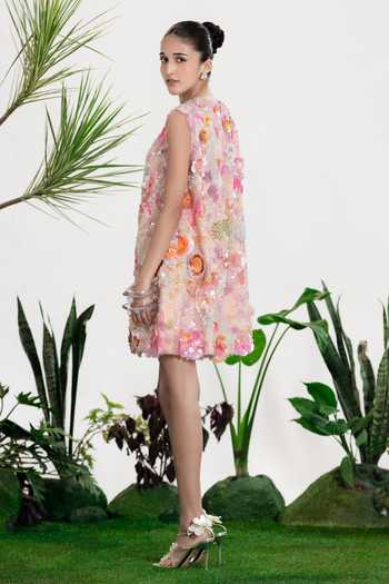 Shop_Siddhartha Bansal_Pink Crepe Round Neck Ariel Dream Embroidered Dress  _at_Aza_Fashions