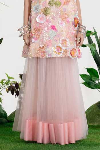 Siddhartha Bansal_Pink Satin, Net Flared Long Skirt _Online_at_Aza_Fashions