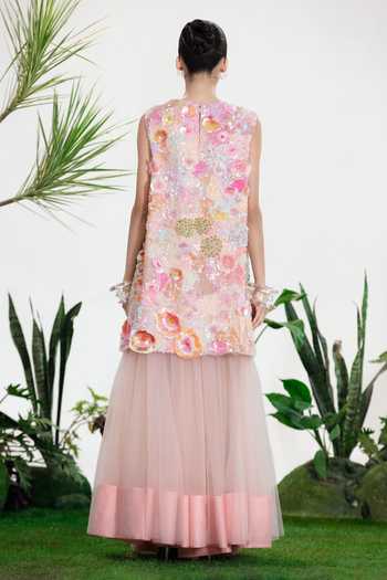 Shop_Siddhartha Bansal_Pink Satin, Net Flared Long Skirt _at_Aza_Fashions