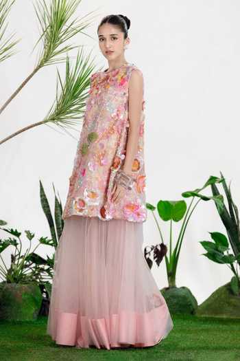 Buy_Siddhartha Bansal_Pink Satin, Net Flared Long Skirt _Online_at_Aza_Fashions