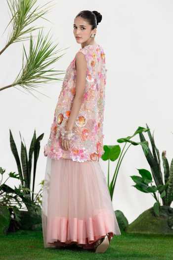 Shop_Siddhartha Bansal_Pink Satin, Net Flared Long Skirt _Online_at_Aza_Fashions