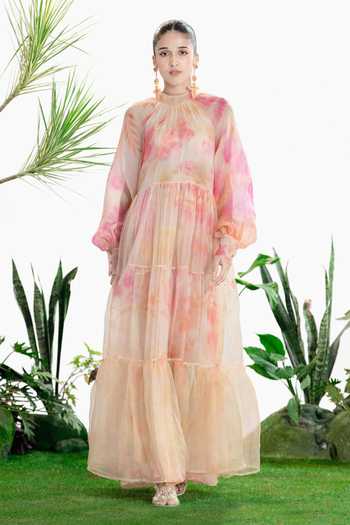 Shop_Siddhartha Bansal_Multi Color Organza, Chiffon High Neck Fade Into You Maxi Dress _at_Aza_Fashions