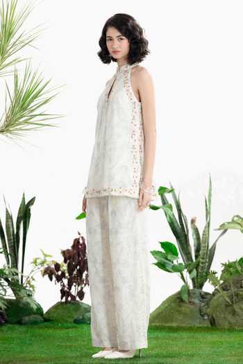Shop_Siddhartha Bansal_Off White Cotton, Linen Keyhole , Halter Kiss From A Rose Top With Pant _Online_at_Aza_Fashions