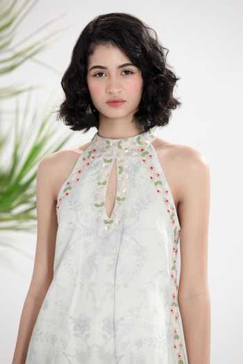 Siddhartha Bansal_Off White Cotton, Linen Keyhole , Halter Kiss From A Rose Top With Pant _at_Aza_Fashions