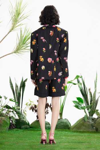 Shop_Siddhartha Bansal_Black Satin, Linen Collared Thrill Seeker Blazer Shorts Set _at_Aza_Fashions