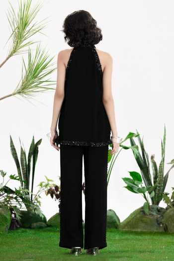 Shop_Siddhartha Bansal_Black Cotton, Crepe, Voile Halter , Keyhole Take On Me Top And Pant Set _at_Aza_Fashions
