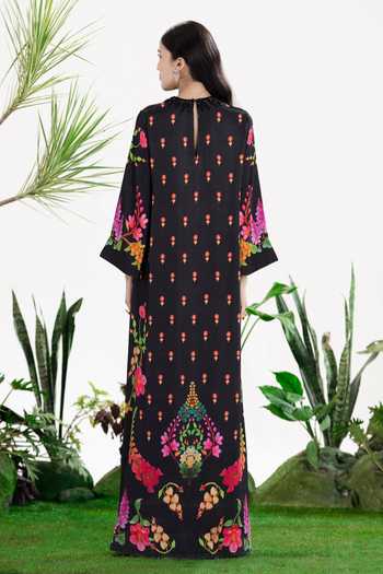 Shop_Siddhartha Bansal_Black Satin Round Neck Night Fever Kaftan _at_Aza_Fashions