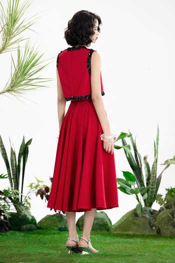 Shop_Siddhartha Bansal_Red Crepe High Neck Vision Of Love Top And Skirt Set _at_Aza_Fashions
