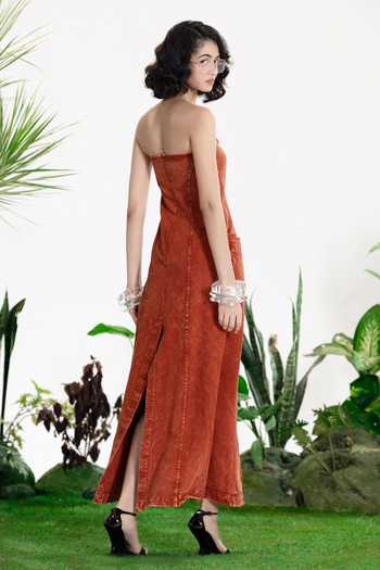 Shop_Siddhartha Bansal_Brown Denim, Twill Bandeau Neck Tainted Love Coat Dress _at_Aza_Fashions