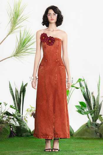 Buy_Siddhartha Bansal_Brown Denim, Twill Bandeau Neck Tainted Love Coat Dress _at_Aza_Fashions