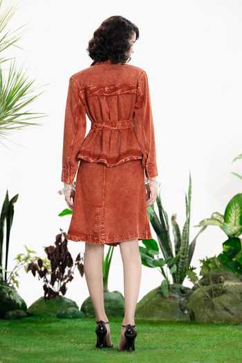Shop_Siddhartha Bansal_Brown Denim, Twill Collared Moulin Rouge Jacket And Skirt Set _at_Aza_Fashions