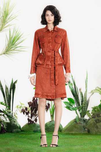 Buy_Siddhartha Bansal_Brown Denim, Twill Collared Moulin Rouge Jacket And Skirt Set _at_Aza_Fashions