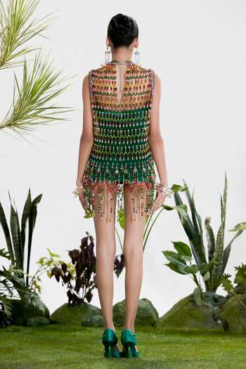 Shop_Siddhartha Bansal_Multi Color Velvet High Neck Thunderstruck Bead Dress _at_Aza_Fashions