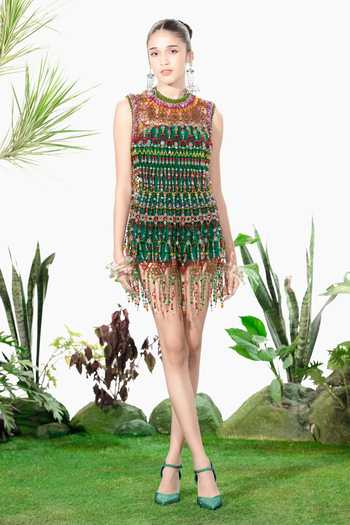 Siddhartha Bansal_Multi Color Velvet High Neck Thunderstruck Bead Dress _Online