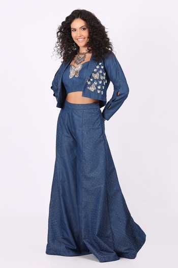 Shop_Soniya G_Blue Denim Sequins Open , Bandeau Butterfly Applique Jacket Palazzo Set _at_Aza_Fashions