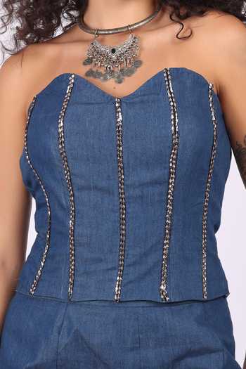 Soniya G_Blue Denim Embroidery Open , Sweetheart Jacket Skirt Set _Online_at_Aza_Fashions