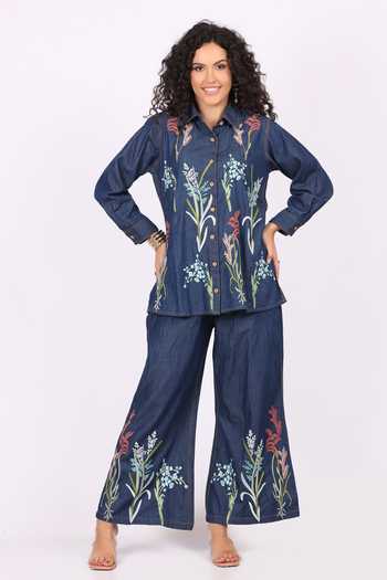 Buy_Soniya G_Blue Denim Embroidery Collared Shirt And Palazzo Set _at_Aza_Fashions