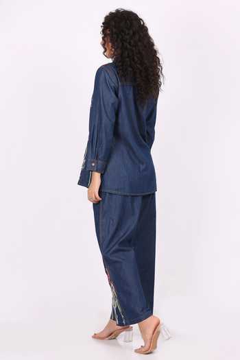 Shop_Soniya G_Blue Denim Embroidery Collared Shirt And Palazzo Set _at_Aza_Fashions