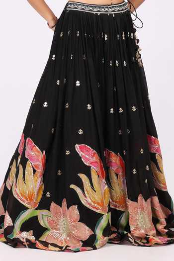 Buy_Soniya G_Black Georgette Bandeau Neck Floral Embroidered Lehenga And Blouse Set _Online_at_Aza_Fashions
