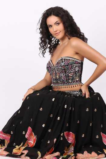 Soniya G_Black Georgette Bandeau Neck Floral Embroidered Lehenga And Blouse Set _at_Aza_Fashions