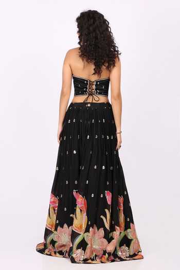 Shop_Soniya G_Black Georgette Bandeau Neck Floral Embroidered Lehenga And Blouse Set _at_Aza_Fashions