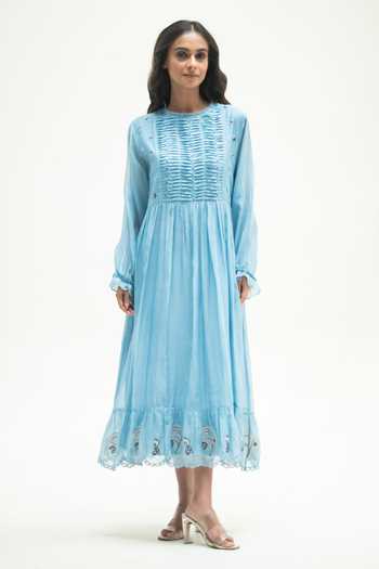 Vaani Beswal_Blue Cotton Round Neck Twilight Handwoven Dress _Online_at_Aza_Fashions