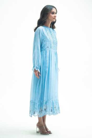 Buy_Vaani Beswal_Blue Cotton Round Neck Twilight Handwoven Dress _Online_at_Aza_Fashions