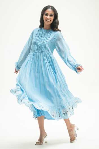 Shop_Vaani Beswal_Blue Cotton Round Neck Twilight Handwoven Dress _Online_at_Aza_Fashions