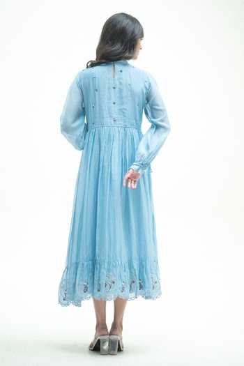 Shop_Vaani Beswal_Blue Cotton Round Neck Twilight Handwoven Dress _at_Aza_Fashions