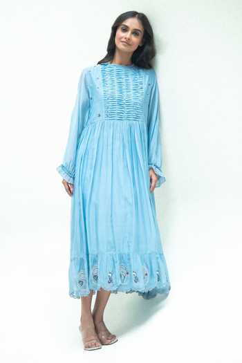 Vaani Beswal_Blue Cotton Round Neck Twilight Handwoven Dress _at_Aza_Fashions