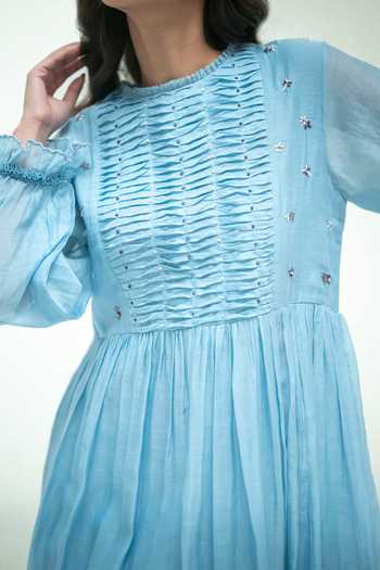 Shop_Vaani Beswal_Blue Cotton Round Neck Twilight Handwoven Dress 