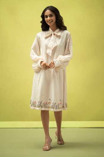 Buy_Vaani Beswal_Ivory Cotton Mandarin Collar Covelight Handwoven Dress _at_Aza_Fashions