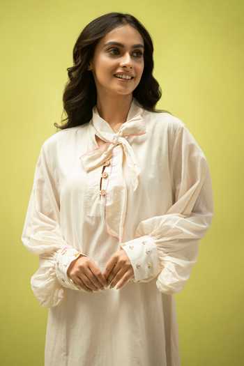 Buy_Vaani Beswal_Ivory Cotton Mandarin Collar Covelight Handwoven Dress _Online_at_Aza_Fashions