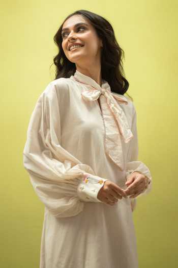 Vaani Beswal_Ivory Cotton Mandarin Collar Covelight Handwoven Dress _at_Aza_Fashions