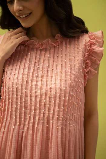 Buy_Vaani Beswal_Peach Cotton High Neck Birdsong Pleated Handwoven Dress _Online_at_Aza_Fashions