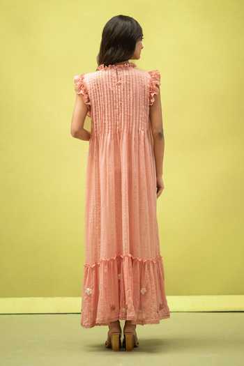 Vaani Beswal_Peach Cotton High Neck Birdsong Pleated Handwoven Dress _Online_at_Aza_Fashions