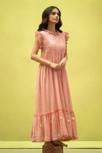 Shop_Vaani Beswal_Peach Cotton High Neck Birdsong Pleated Handwoven Dress _Online_at_Aza_Fashions