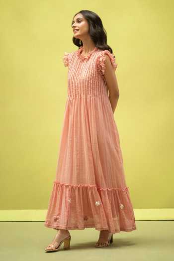 Buy_Vaani Beswal_Peach Cotton High Neck Birdsong Pleated Handwoven Dress 