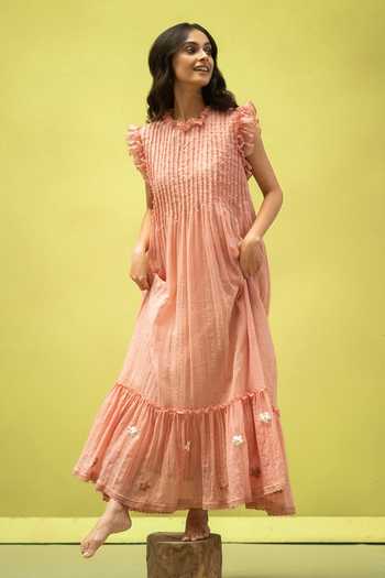 Shop_Vaani Beswal_Peach Cotton High Neck Birdsong Pleated Handwoven Dress 