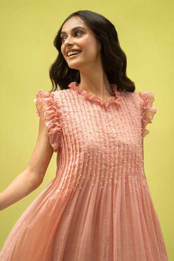 Vaani Beswal_Peach Cotton High Neck Birdsong Pleated Handwoven Dress _Online