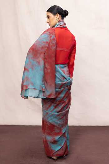 Shop_Ekaya Banaras_Blue Chiffon Stroke Print Saree With Running Blouse _at_Aza_Fashions