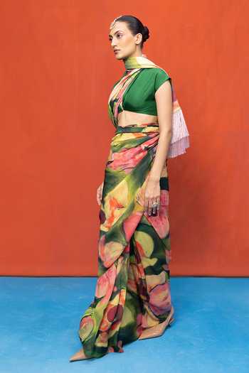 Ekaya Banaras_Multicolor Chiffon Abstract Print Saree With Running Blouse _Online_at_Aza_Fashions