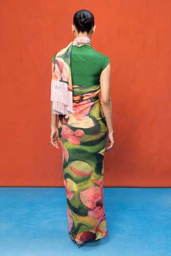 Shop_Ekaya Banaras_Multicolor Chiffon Abstract Print Saree With Running Blouse _at_Aza_Fashions