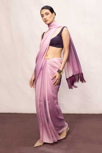 Buy_Ekaya Banaras_Pink Chiffon Saree With Running Blouse _at_Aza_Fashions