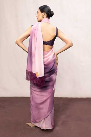 Shop_Ekaya Banaras_Pink Chiffon Saree With Running Blouse _at_Aza_Fashions