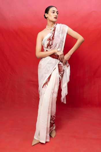 Buy_Ekaya Banaras_Cream Georgette Floral Print Saree With Running Blouse _at_Aza_Fashions