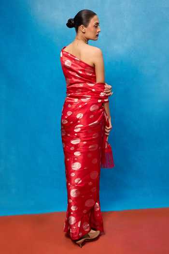 Shop_Ekaya Banaras_Red Silk Polka Dot Woven Saree With Running Blouse _at_Aza_Fashions