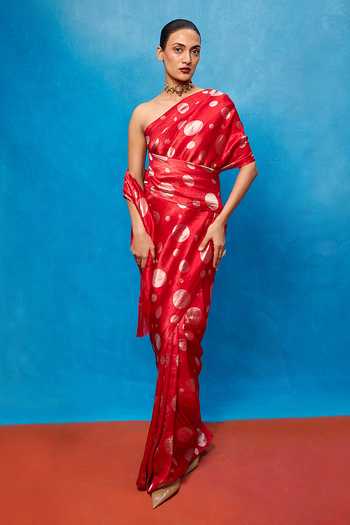 Buy_Ekaya Banaras_Red Silk Polka Dot Woven Saree With Running Blouse _at_Aza_Fashions